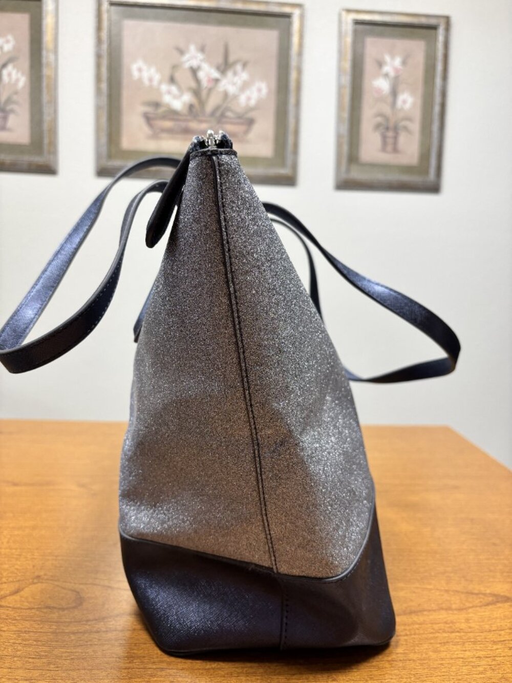 Kate Spade New York Glitter Tote Bag & Matching Cosmetic Pouch Gunmetal Large EU - Picture 4 of 9